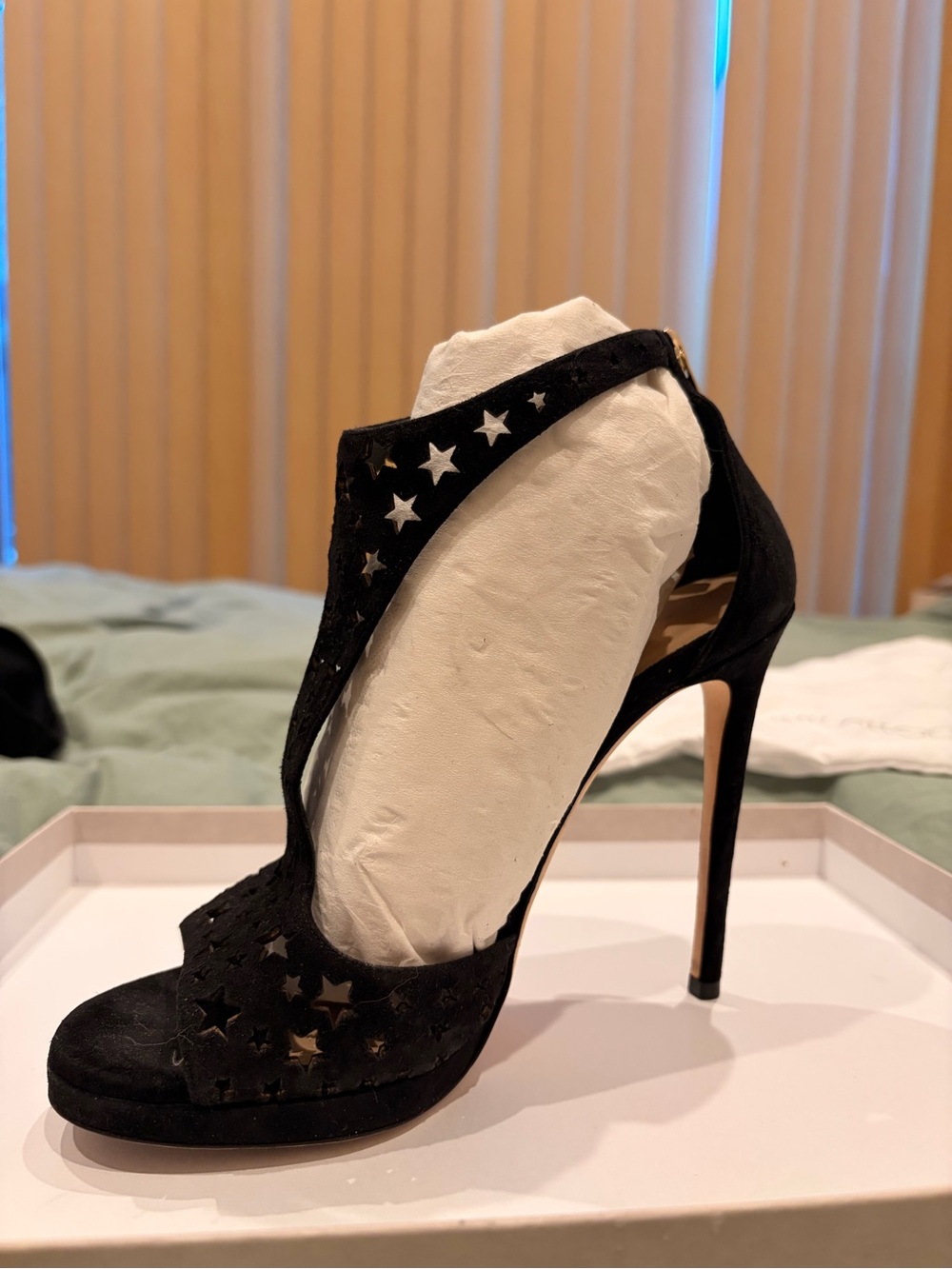Jimmy Choo Black Star Cutout Suede T-Strap Stilettos - Picture 12 of 16
